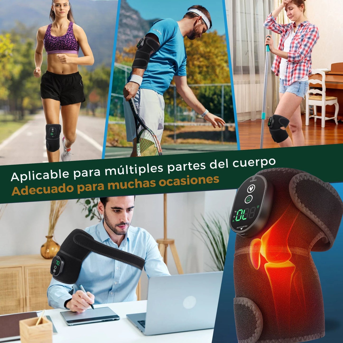 3 en 1 - Masajeador Inalámbrico para Rodilla, Hombro y Codo | Con Almohadilla Térmica